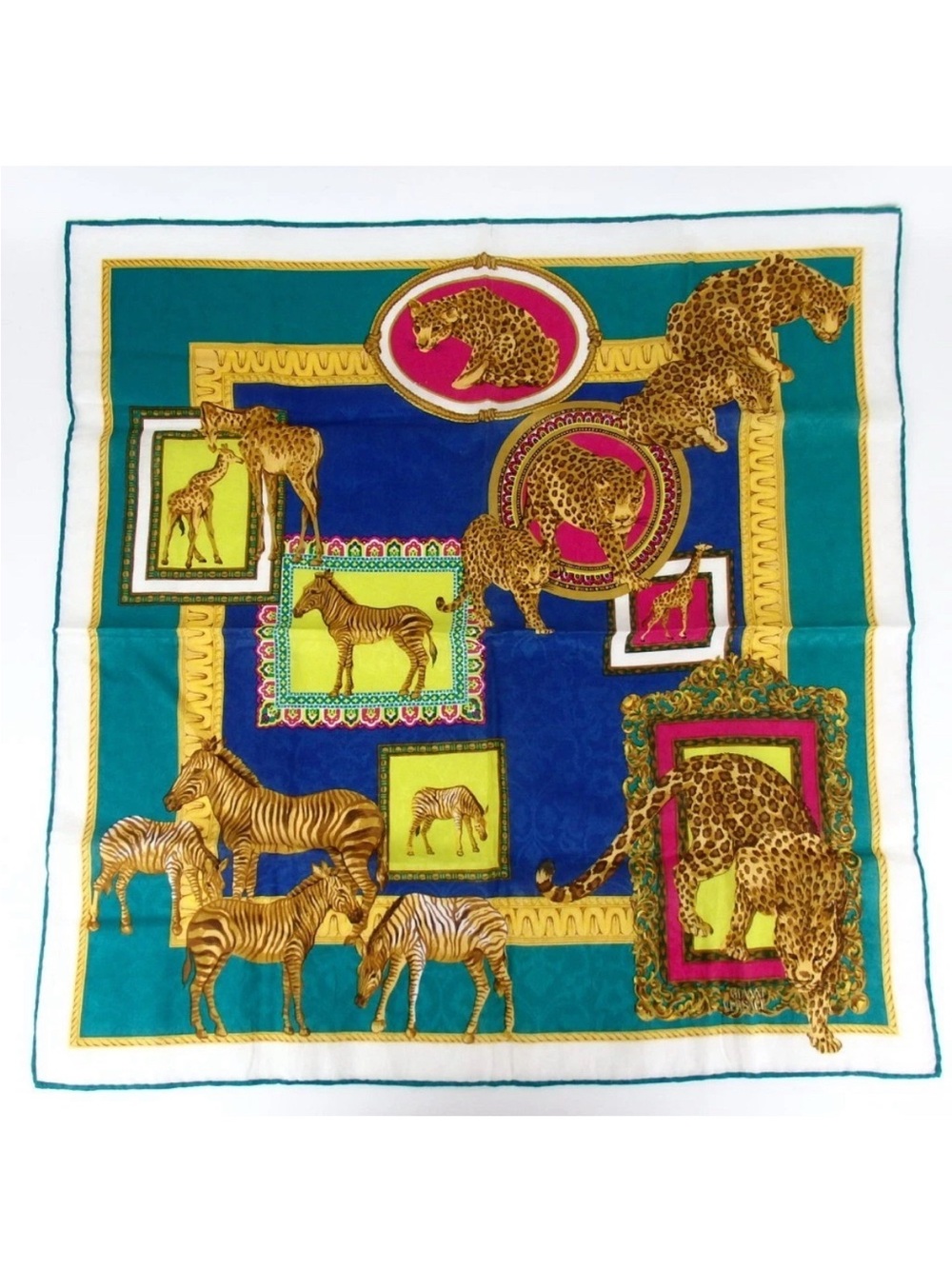 Safari Animal Print Silk Scarf in Teal, Blue & Gold